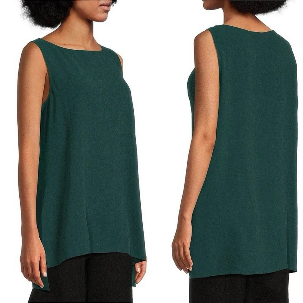 NWT Eileen Fisher Silk Georgette Crepe Boat Long Shell Tunic Pine Sz S - Picture 2 of 7